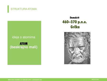 460–370 p.n.e. Grčka ATOM (beskrajno mali) ideja o atomima