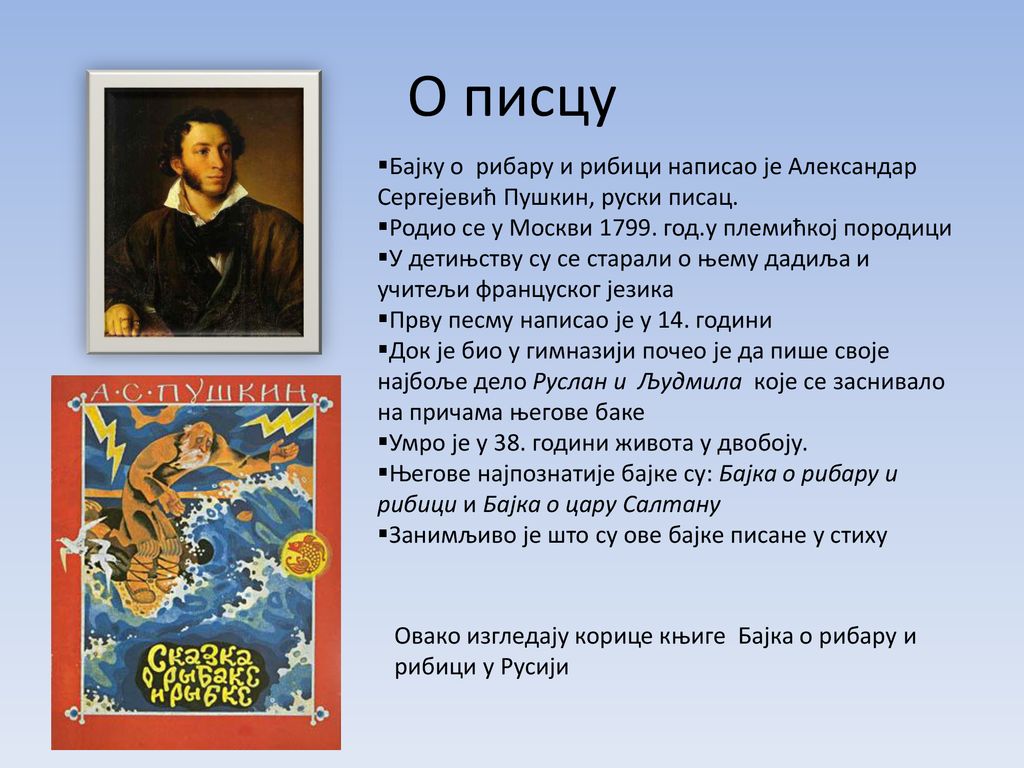 О писцу Бајку о рибару и рибици написао је Александар Сергејевић Пушкин, руски писац. Родио се у Москви год.у племићкој породици.