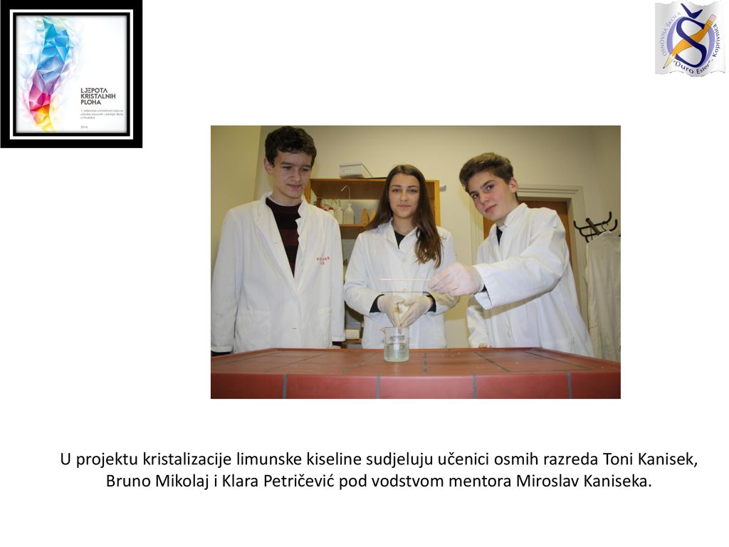 U projektu kristalizacije limunske kiseline sudjeluju učenici osmih razreda Toni Kanisek, Bruno Mikolaj i Klara Petričević pod vodstvom mentora Miroslav Kaniseka.
