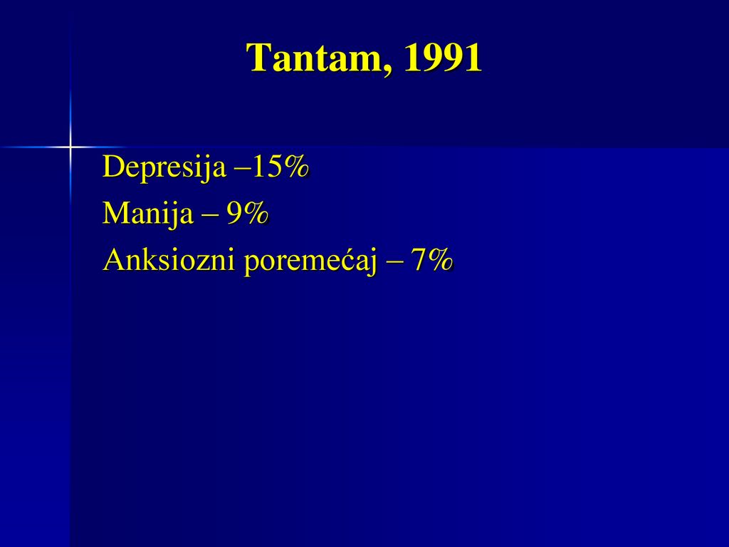 Depresija –15% Manija – 9% Anksiozni poremećaj – 7%
