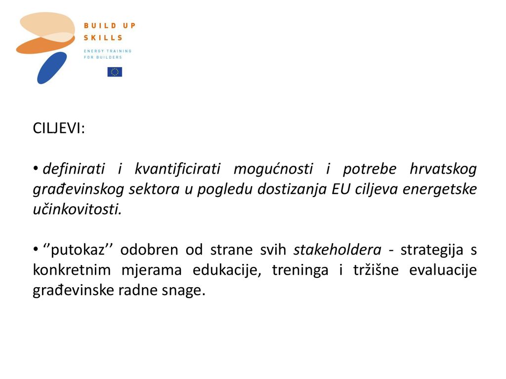 CILJEVI: definirati i kvantificirati mogućnosti i potrebe hrvatskog građevinskog sektora u pogledu dostizanja EU ciljeva energetske učinkovitosti.