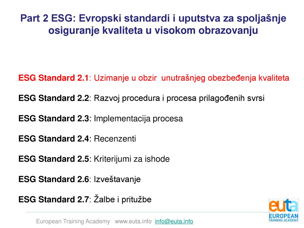 Part 2 ESG: Evropski standardi i uputstva za spoljašnje osiguranje kvaliteta u visokom obrazovanju