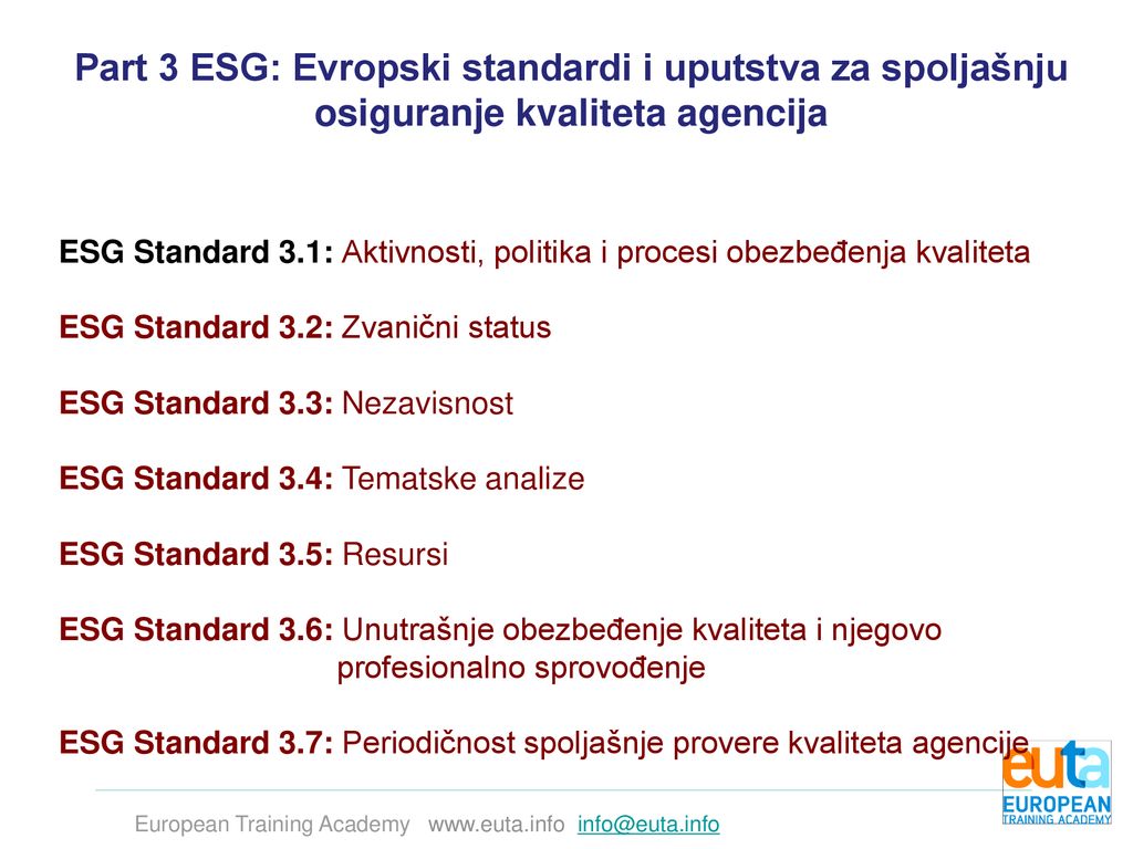 Part 3 ESG: Evropski standardi i uputstva za spoljašnju osiguranje kvaliteta agencija