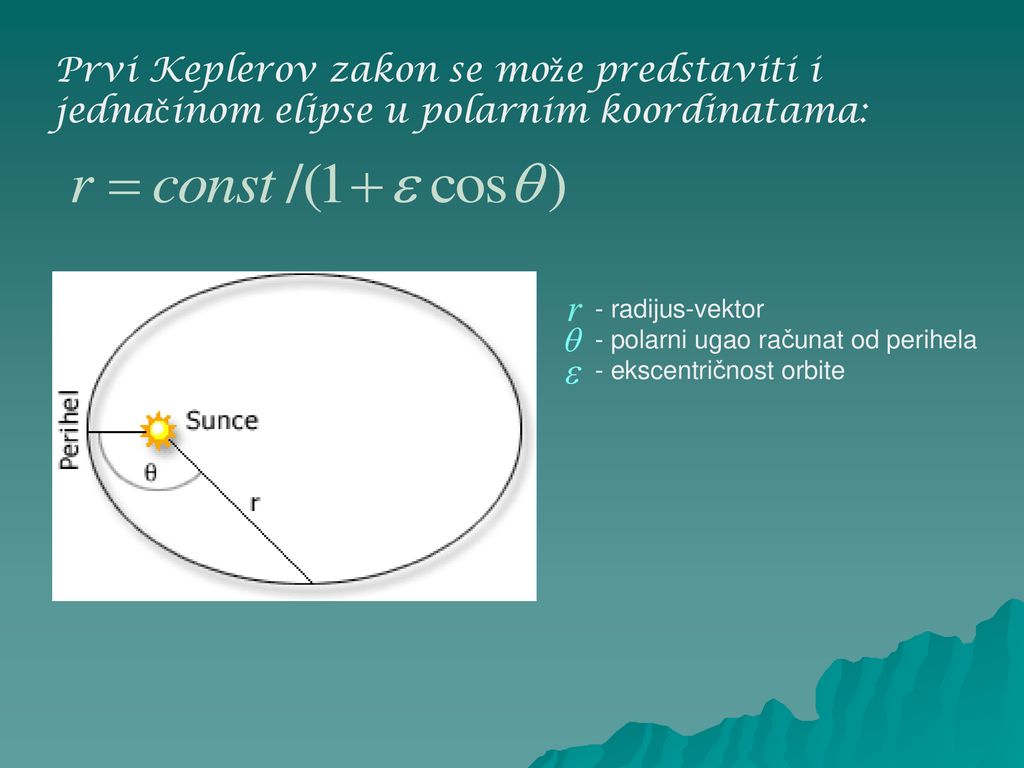 Prvi Keplerov zakon se može predstaviti i jednačinom elipse u polarnim koordinatama: