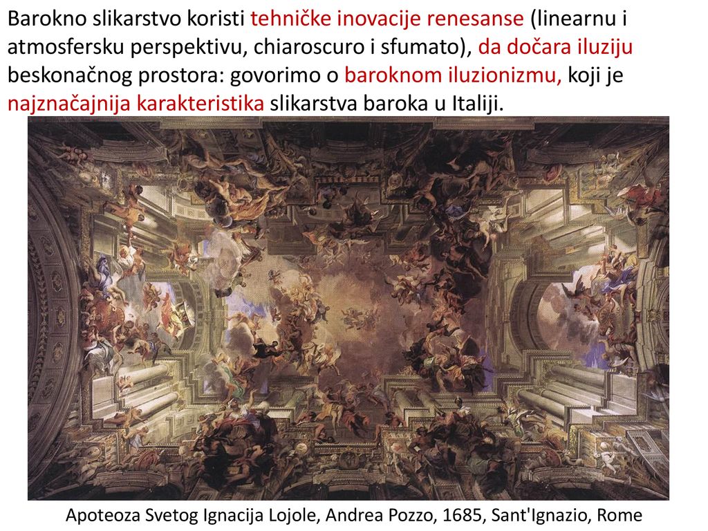 Barokno slikarstvo koristi tehničke inovacije renesanse (linearnu i atmosfersku perspektivu, chiaroscuro i sfumato), da dočara iluziju beskonačnog prostora: govorimo o baroknom iluzionizmu, koji je najznačajnija karakteristika slikarstva baroka u Italiji.