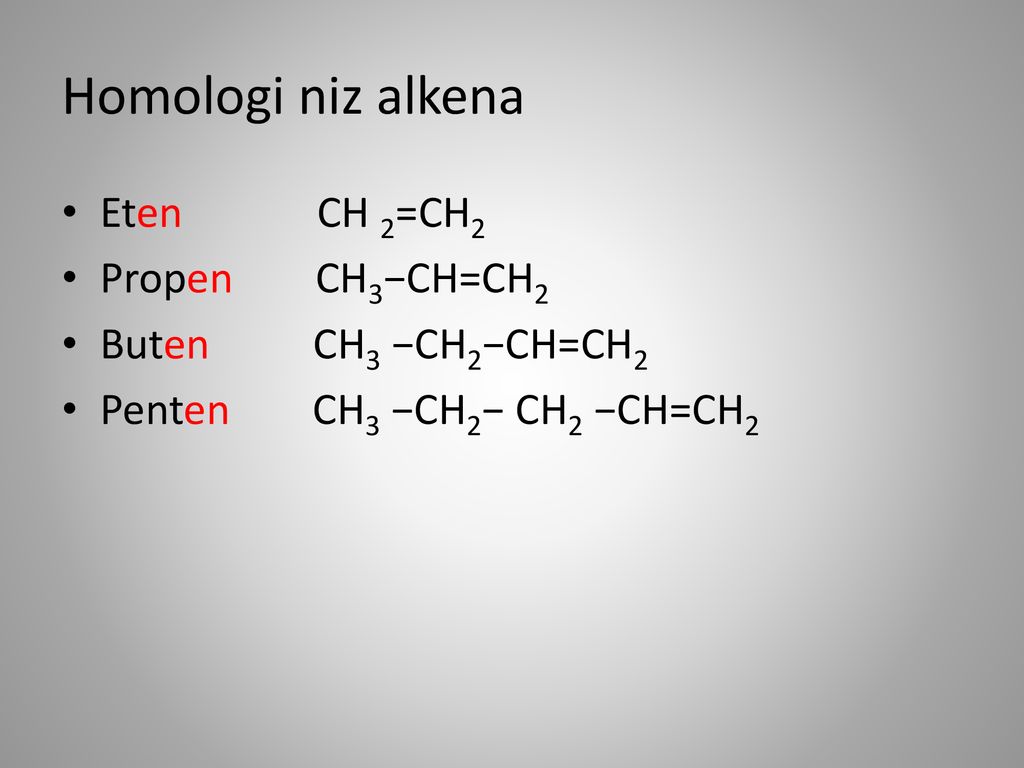 Homologi niz alkena Eten CH 2=CH2 Propen CH3−CH=CH2