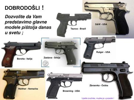 DOBRODOŠLI ! Dozvolite da Vam predstavimo glavne modele pištolja danas u svetu ; S&W - USA Taurus - Brazil Rutger - USA Zastava - Srbija Beretta - Italija.