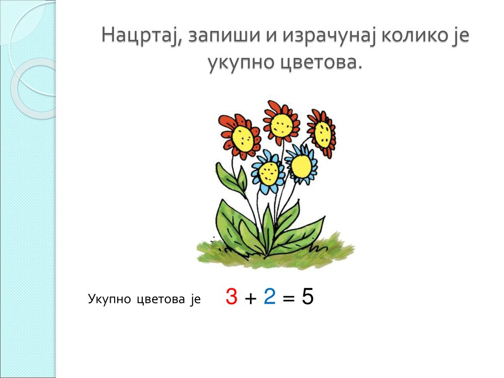 Нацртај, запиши и израчунај колико је укупно цветова.