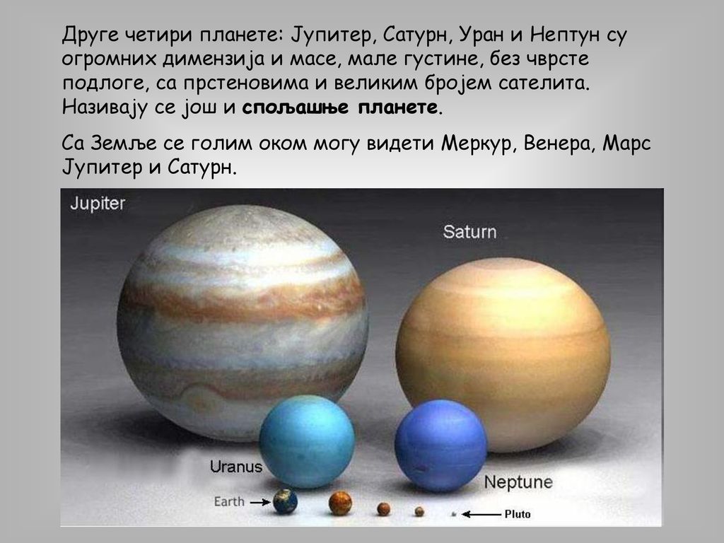 Друге четири планете: Јупитер, Сатурн, Уран и Нептун су огромних димензија и масе, мале густине, без чврсте подлоге, са прстеновима и великим бројем сателита. Називају се још и спољашње планете.
