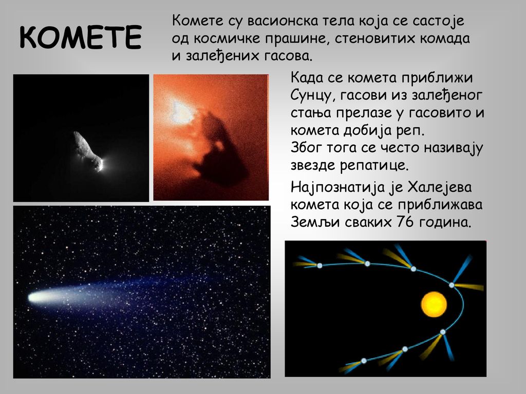 Комете су васионска тела која се састоје од космичке прашине, стеновитих комада и залеђених гасова.