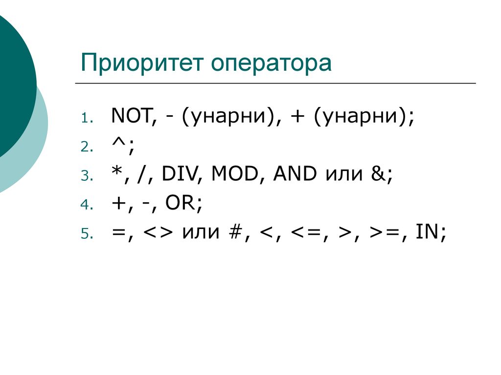 Приоритет оператора NOT, - (унарни), + (унарни); ^;