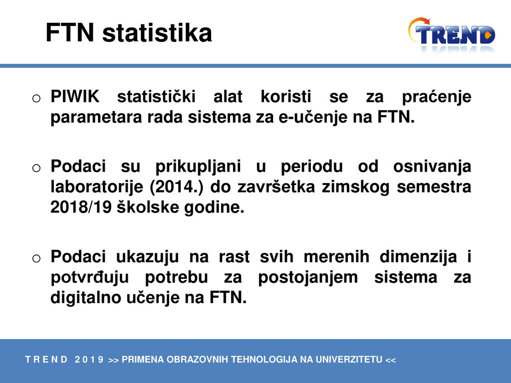 FTN statistika PIWIK statistički alat koristi se za praćenje parametara rada sistema za e-učenje na FTN.