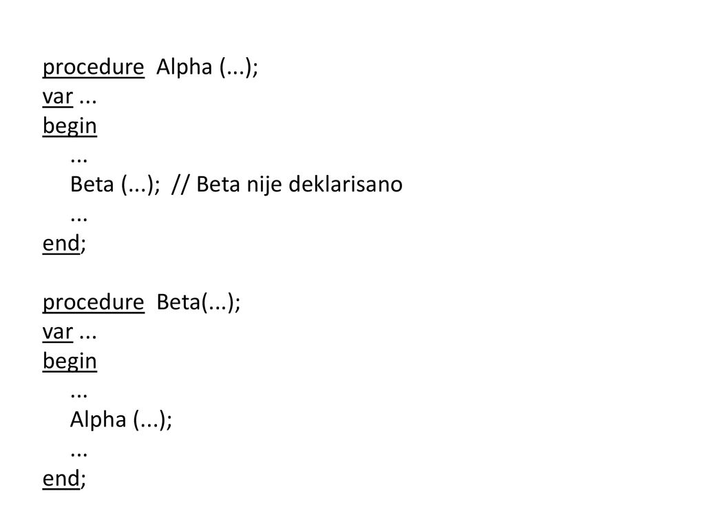 procedure Alpha (. ); var. begin. Beta (