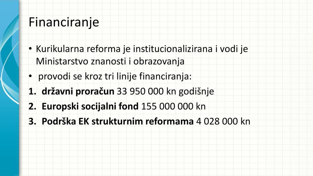 Financiranje Kurikularna reforma je institucionalizirana i vodi je Ministarstvo znanosti i obrazovanja.