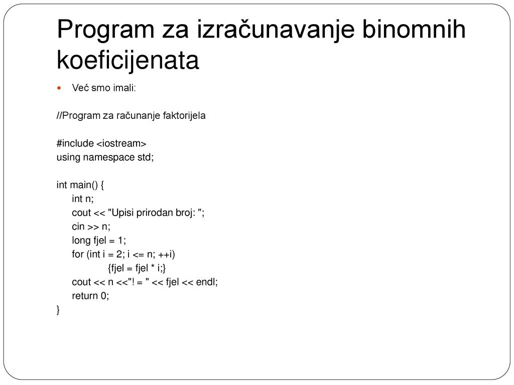 Program za izračunavanje binomnih koeficijenata