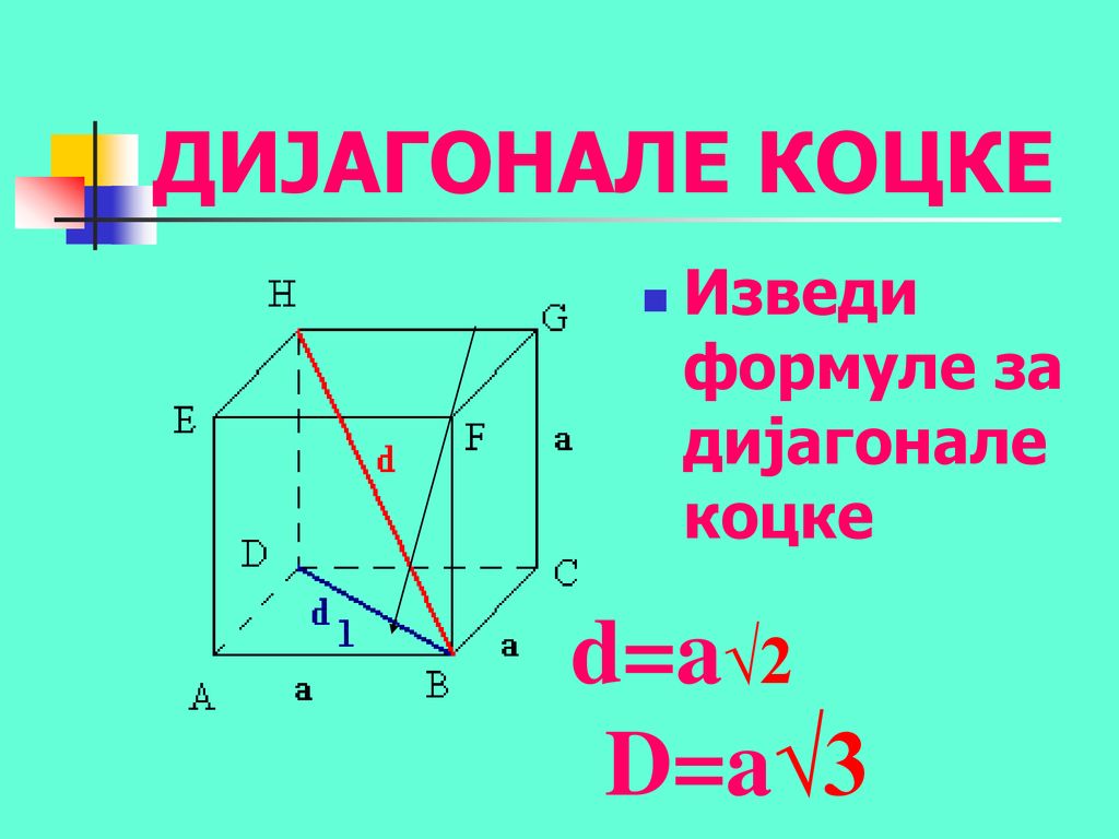 ДИЈАГОНАЛЕ КОЦКЕ Изведи формуле за дијагонале коцке d=a√2 D=a√3