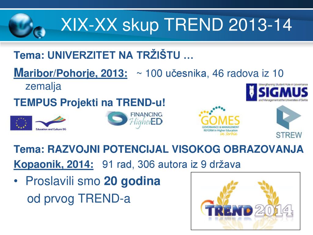 XIX-XX skup TREND Tema: UNIVERZITET NA TRŽIŠTU … Maribor/Pohorje, 2013: ~ 100 učesnika, 46 radova iz 10 zemalja.