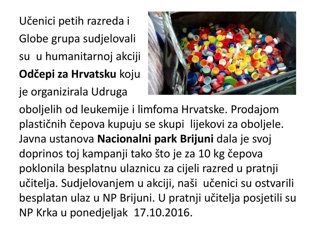 Učenici petih razreda i Globe grupa sudjelovali su u humanitarnoj akciji Odčepi za Hrvatsku koju je organizirala Udruga oboljelih od leukemije i limfoma Hrvatske.