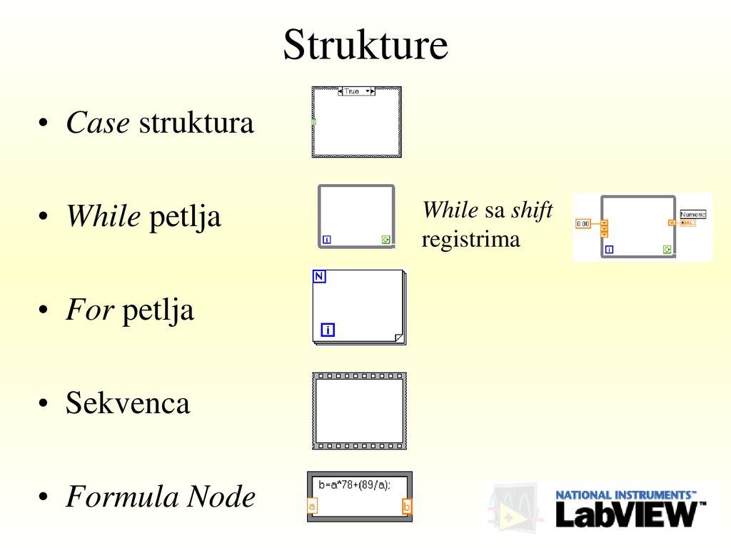 Strukture Case struktura While petlja For petlja Sekvenca Formula Node