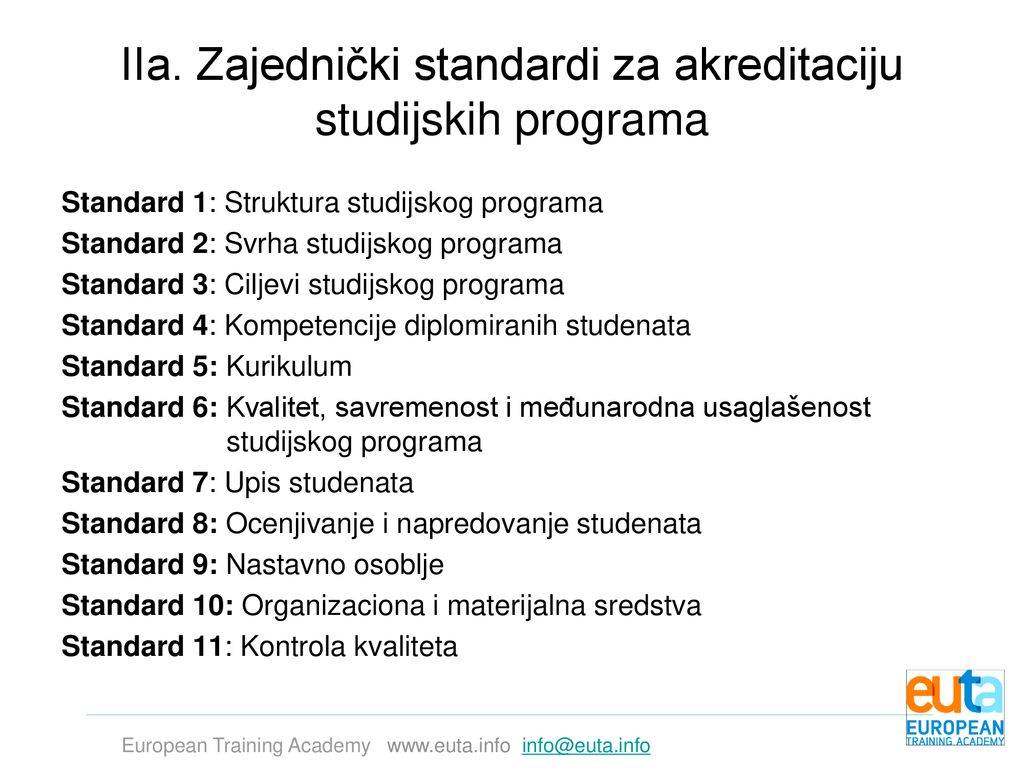 IIa. Zajednički standardi za akreditaciju studijskih programa