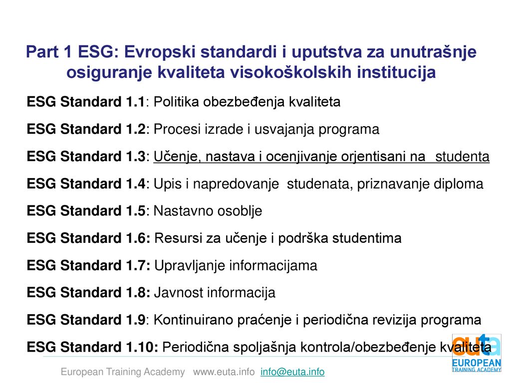 Part 1 ESG: Evropski standardi i uputstva za unutrašnje osiguranje kvaliteta visokoškolskih institucija