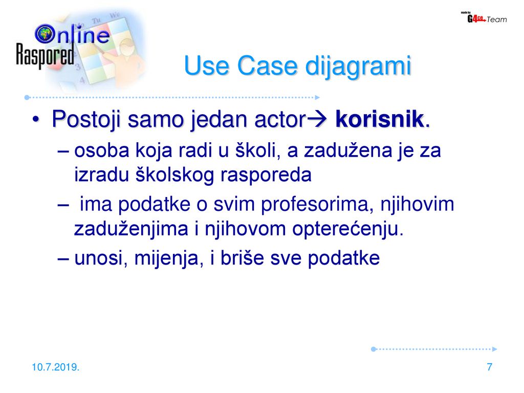 Use Case dijagrami Postoji samo jedan actor korisnik.