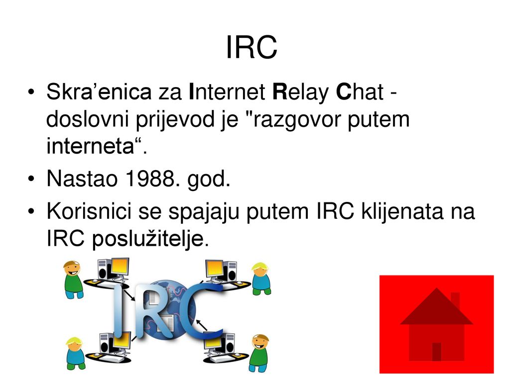 IRC Skra’enica za Internet Relay Chat - doslovni prijevod je razgovor putem interneta . Nastao god.