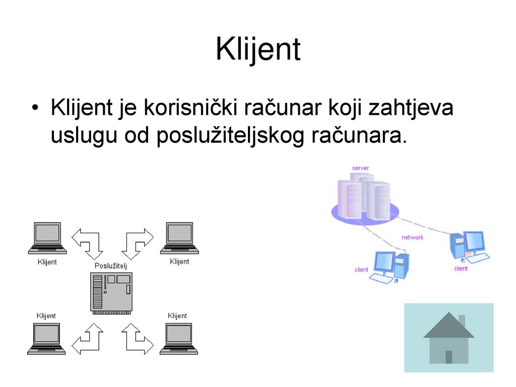Klijent Klijent je korisnički računar koji zahtjeva uslugu od poslužiteljskog računara.