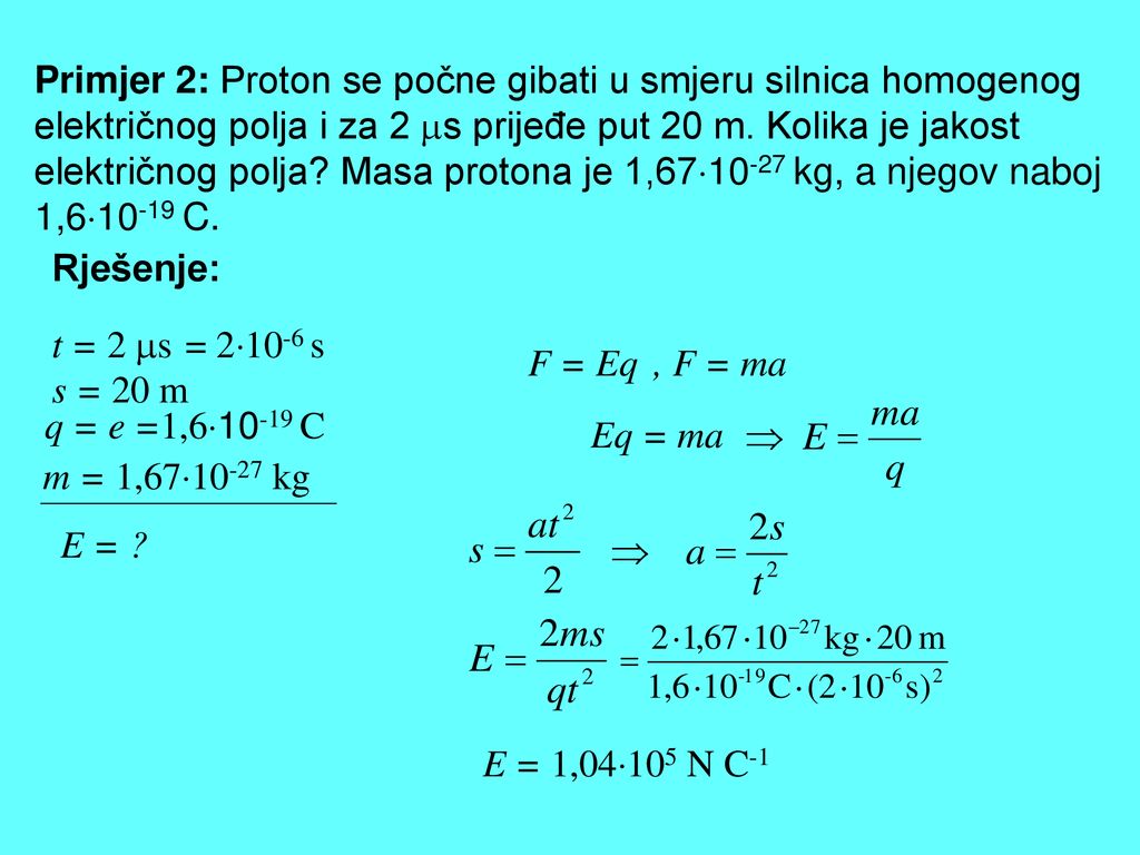 Primjer 2: Proton se počne gibati u smjeru silnica homogenog