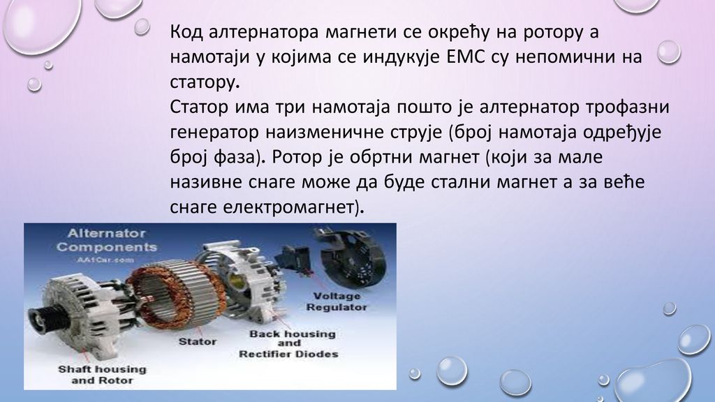 Код алтернатора магнети се окрећу на ротору а намотаји у којима се индукује ЕМС су непомични на статору.
