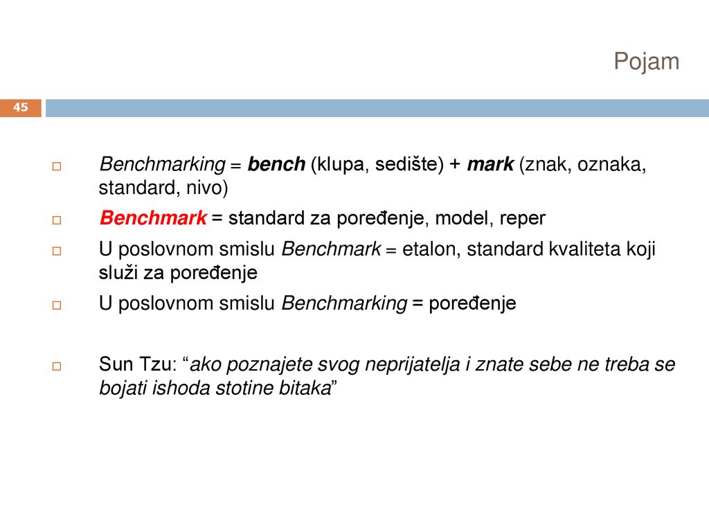 Pojam Benchmarking = bench (klupa, sedište) + mark (znak, oznaka, standard, nivo) Benchmark = standard za poređenje, model, reper.