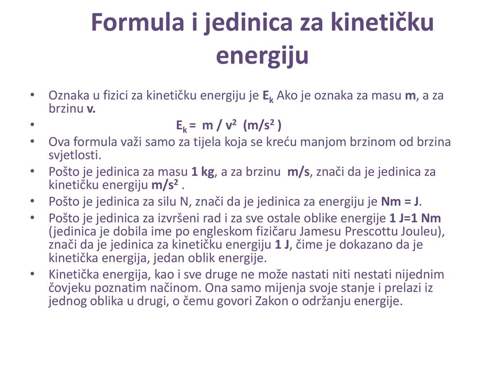 Formula i jedinica za kinetičku energiju