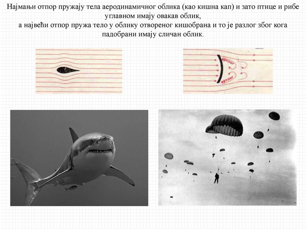 Најмањи отпор пружају тела аеродинамичног облика (као кишна кап) и зато птице и рибе углавном имају овакав облик,