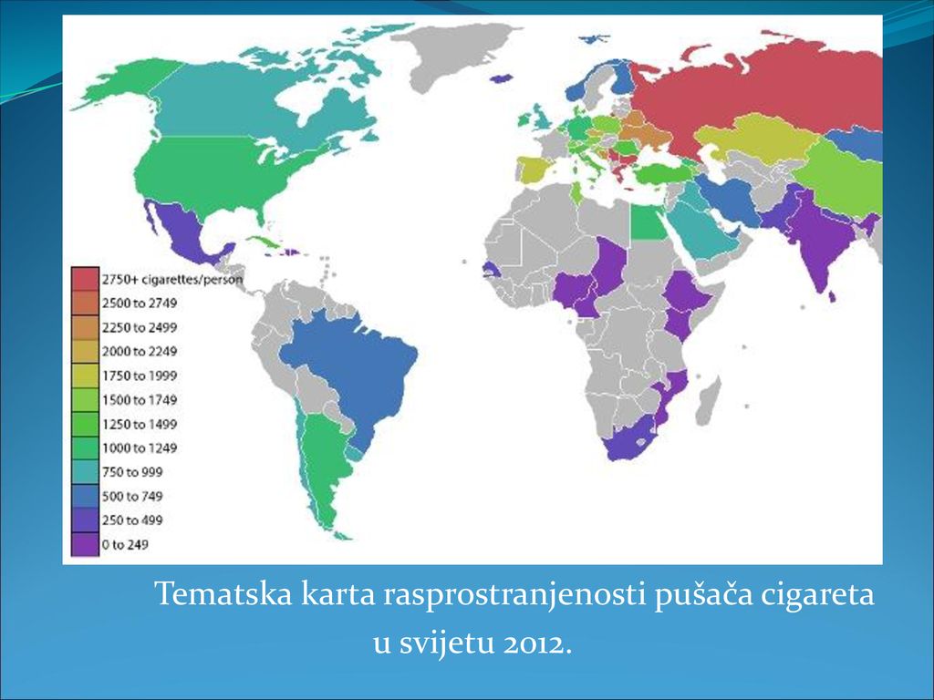 Tematska karta rasprostranjenosti pušača cigareta u svijetu 2012.