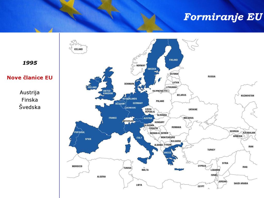 Formiranje EU 1995 Nove članice EU Austrija Finska Švedska