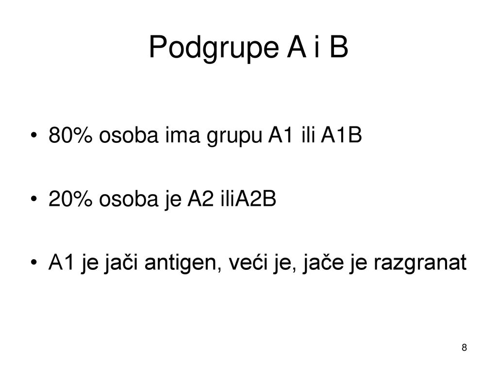 Podgrupe A i B 80% osoba ima grupu A1 ili A1B 20% osoba je A2 iliA2B