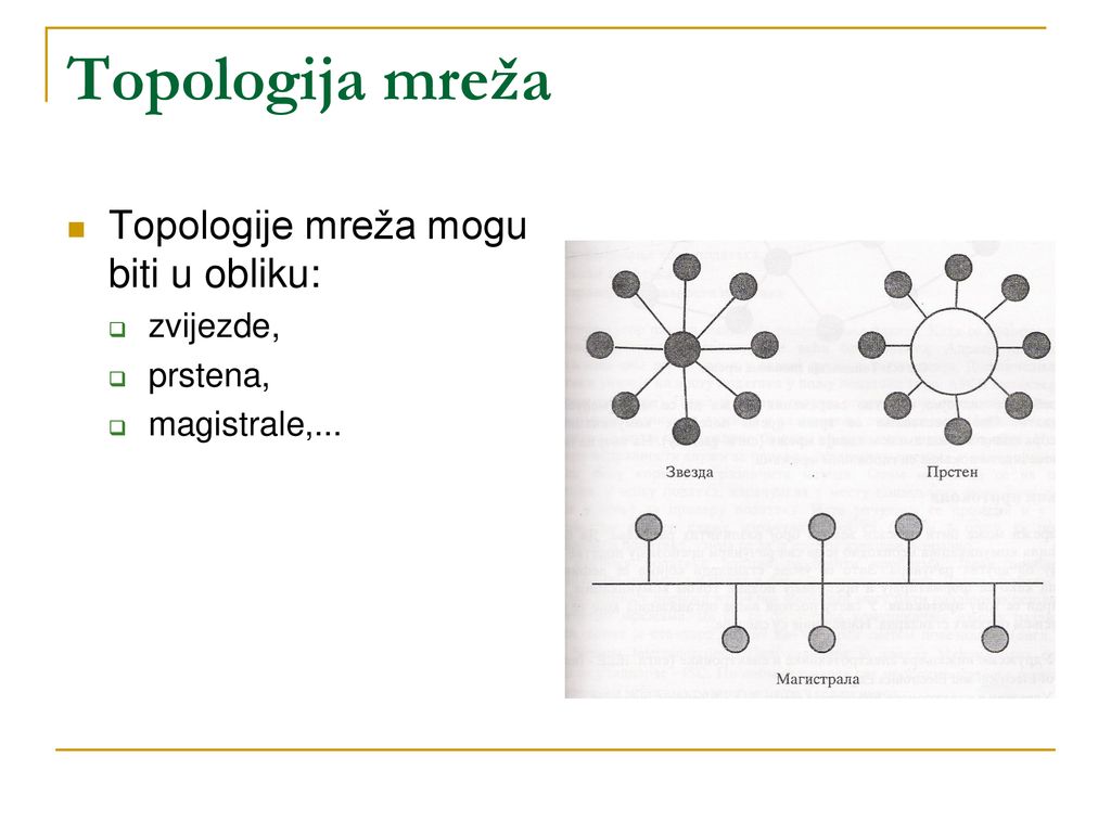 Topologija mreža Topologije mreža mogu biti u obliku: zvijezde,