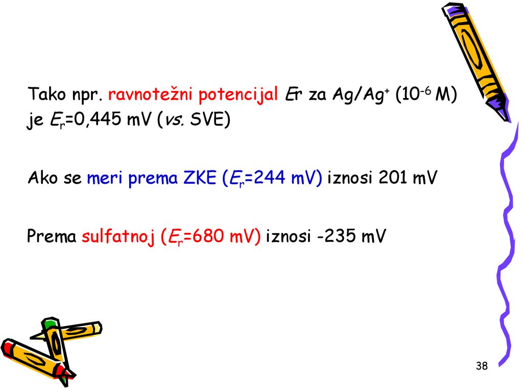 Tako npr. ravnotežni potencijal Er za Ag/Ag+ (10-6 M) je Er=0,445 mV (vs. SVE)