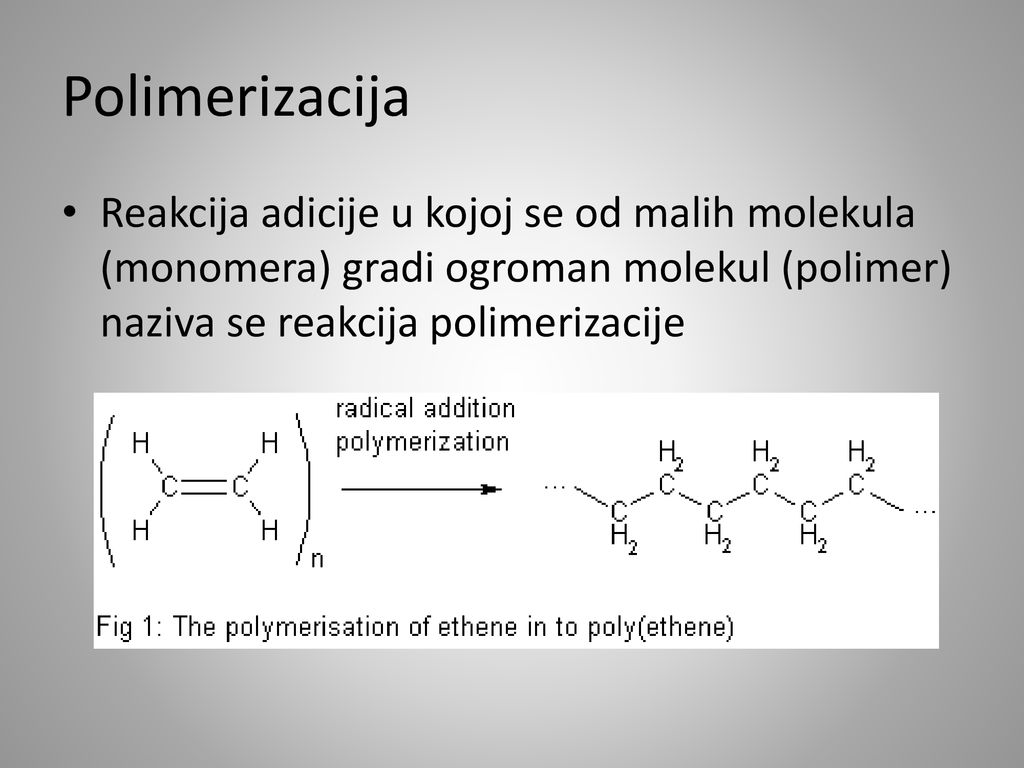 Polimerizacija Reakcija adicije u kojoj se od malih molekula (monomera) gradi ogroman molekul (polimer) naziva se reakcija polimerizacije.