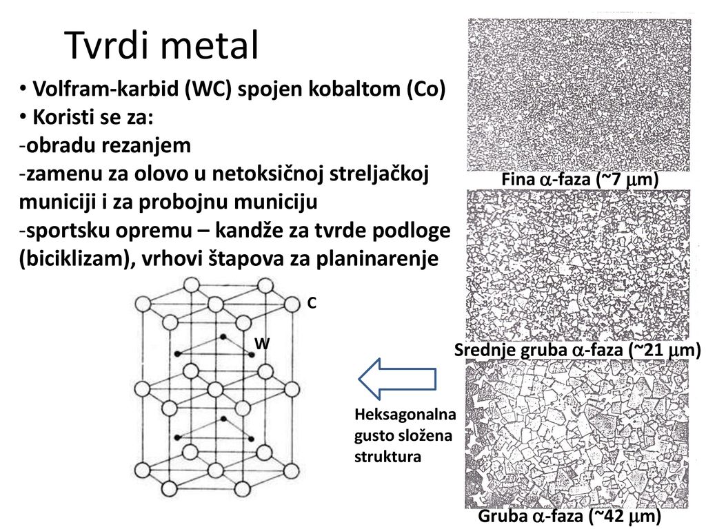Tvrdi metal Volfram-karbid (WC) spojen kobaltom (Co) Koristi se za: